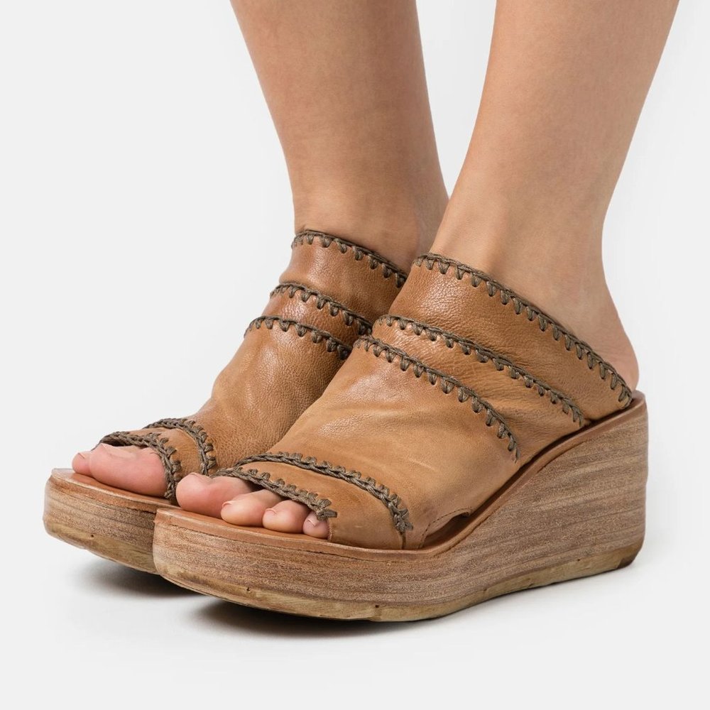 A.S.98 Nelson Platform Wedge Slide SANDALS Size 38 7.7 8 Camel Leather NEW $300